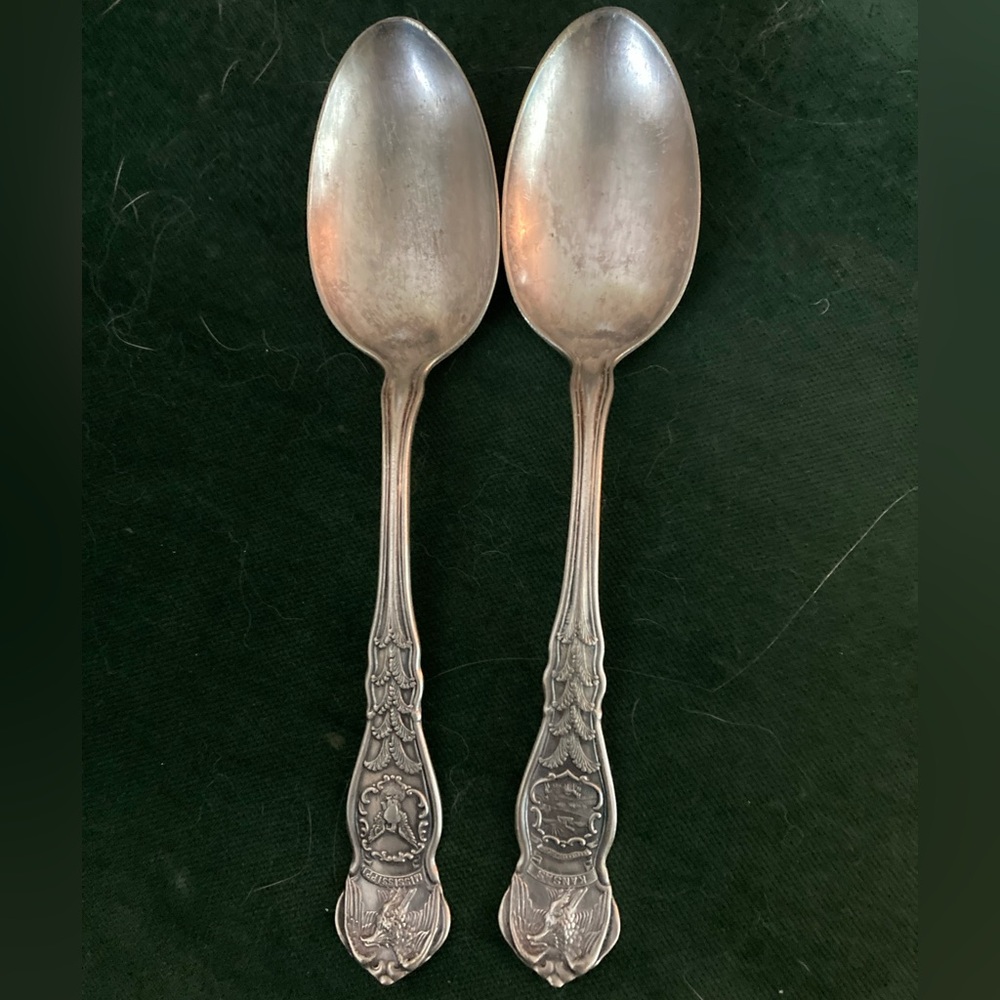 Two Souvenir Spoons, W.M. Rogers, Kansas & MS, 7”